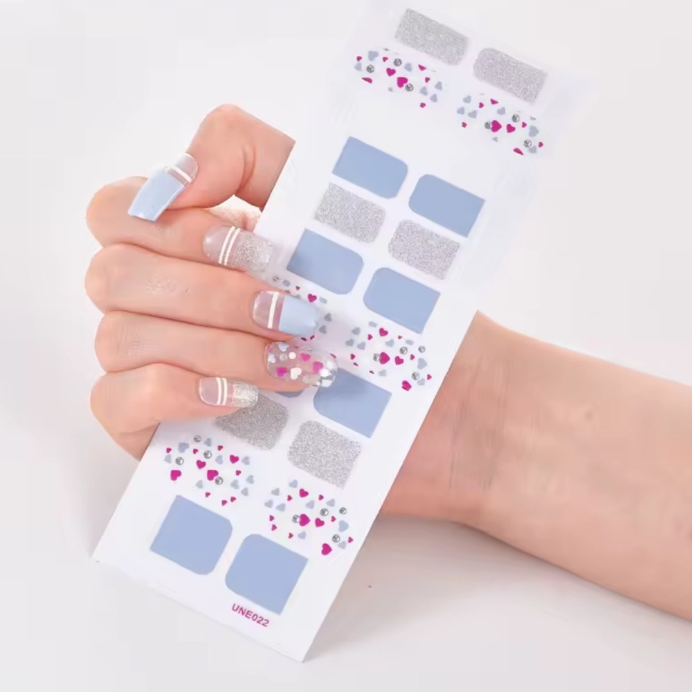 Blue and Silver Nail Wraps, With Blue and Red Hearts, 1 Pack, 22 Stickers